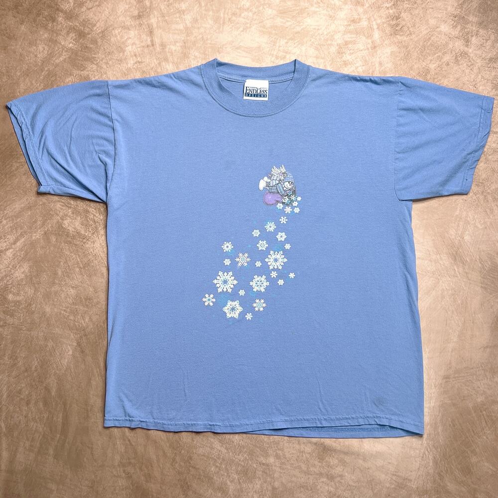 Vintage 90s Endless Designs Flying Snowman Snowflake T-Shirt Winter Christmas